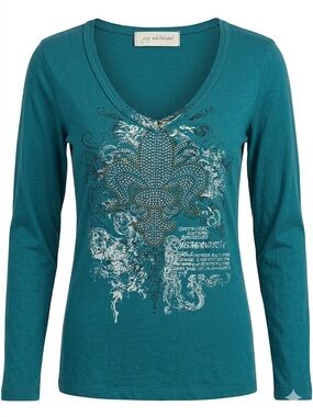 Women's Teal Long-Sleeve Scoop Neck Graphic Tee with Rhinestone Fleur-de-Lis